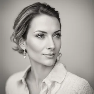 Portrait of a woman with pinned-up hair and cream-colored blouse, black and white photo
